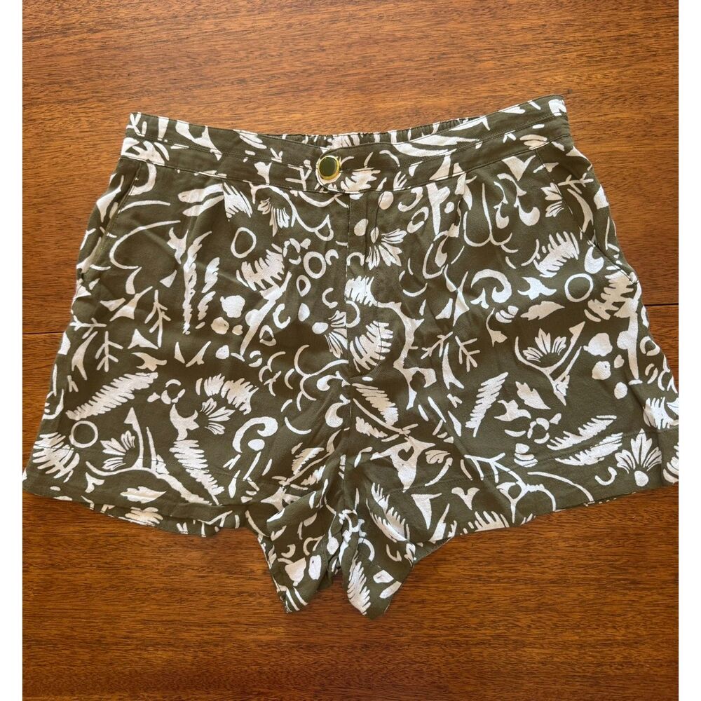 Maeve Anthropologie Shorts Size L Olive Green Ivory Abstract Print Pull On